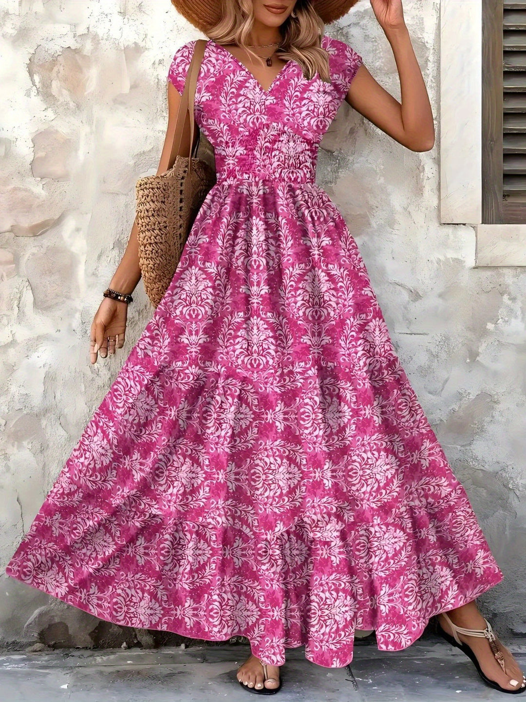 Damen Maxikleid mit romantischem Vintage-Muster und fließendem Schnitt R&B