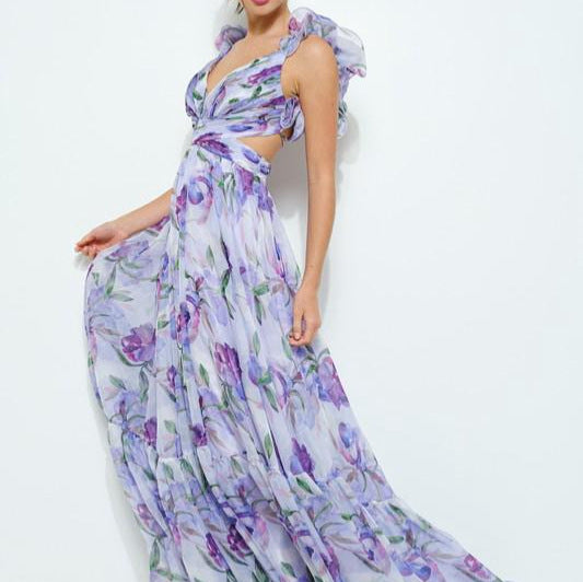 Damen Maxi-Kleid mit floralen Rüschen und schwingendem Design R&B