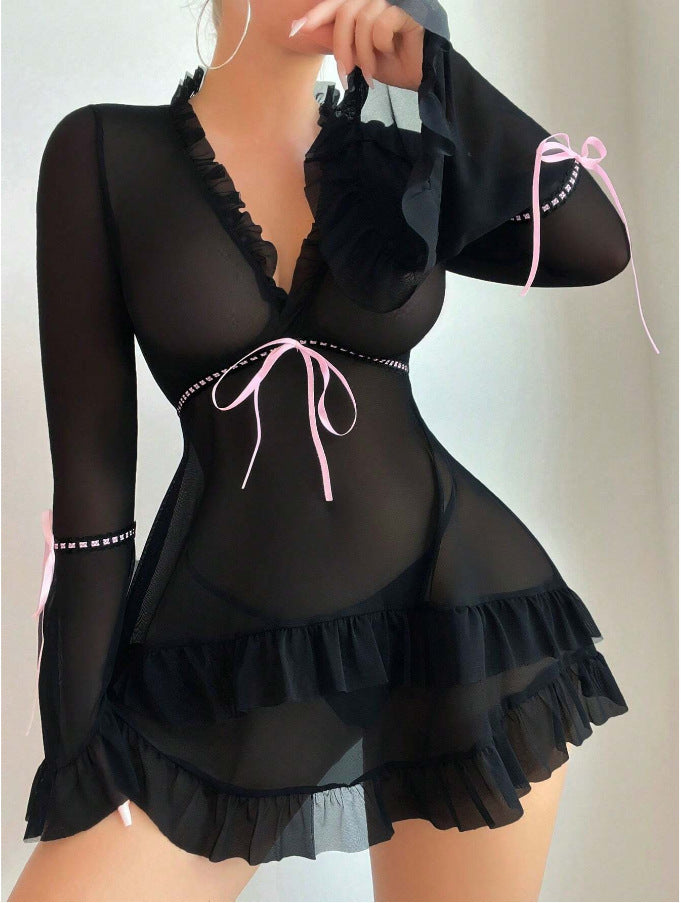 Damen transparentes Strandkleid mit voluminösen Rüschen und langen Ärmeln R&B