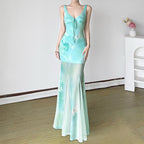 Damen Maxikleid mit transparenten Schichten und floralem Muster R&B