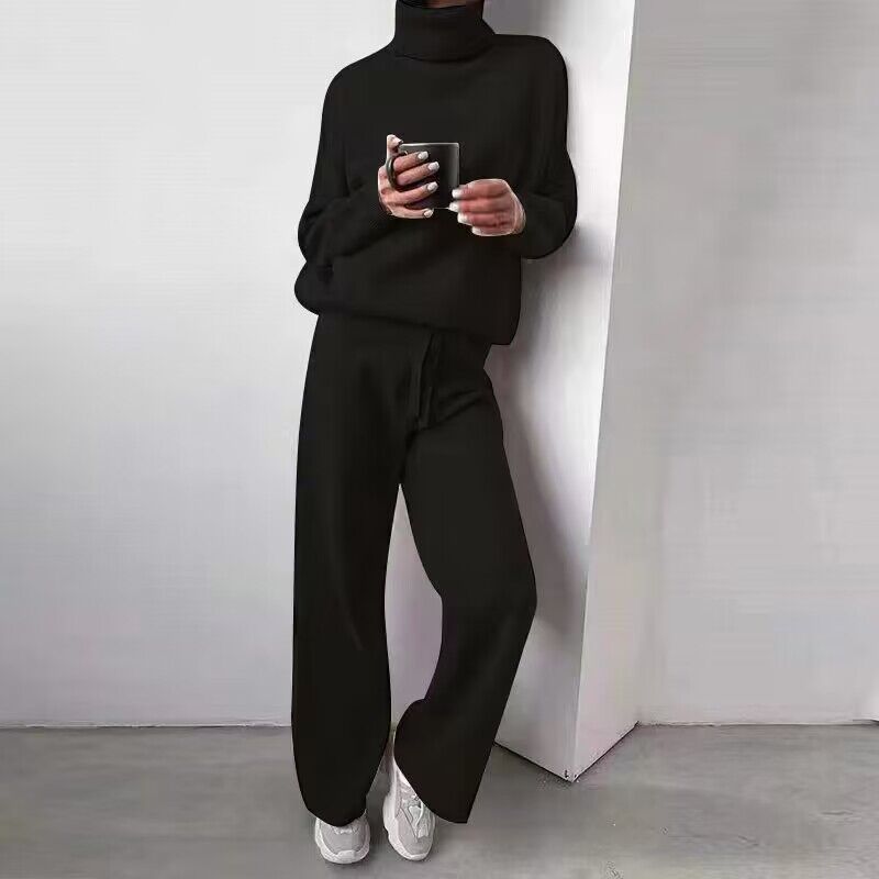Damen kuscheliges Strick-Loungewear-Set mit weiten Hosen und elegantem Rundhalsausschnitt R&B