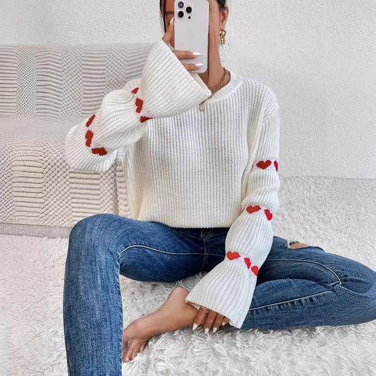 Damen kuscheliger Strickpullover mit modellierenden Ärmeln und Herzmotiv R&B