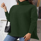 Damen Oversized Strickpullover mit hohem Kragen und seitlichen Schlitzen R&B