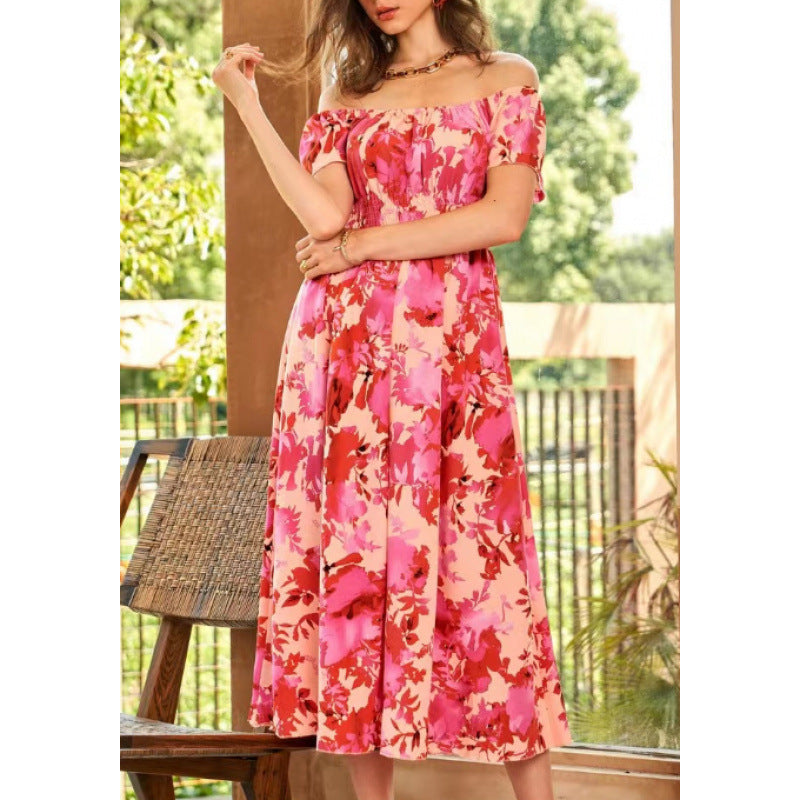 Damen Off-Shoulder Midikleid im floralen Design mit elastischem Oberteil und voluminösem Rock R&B