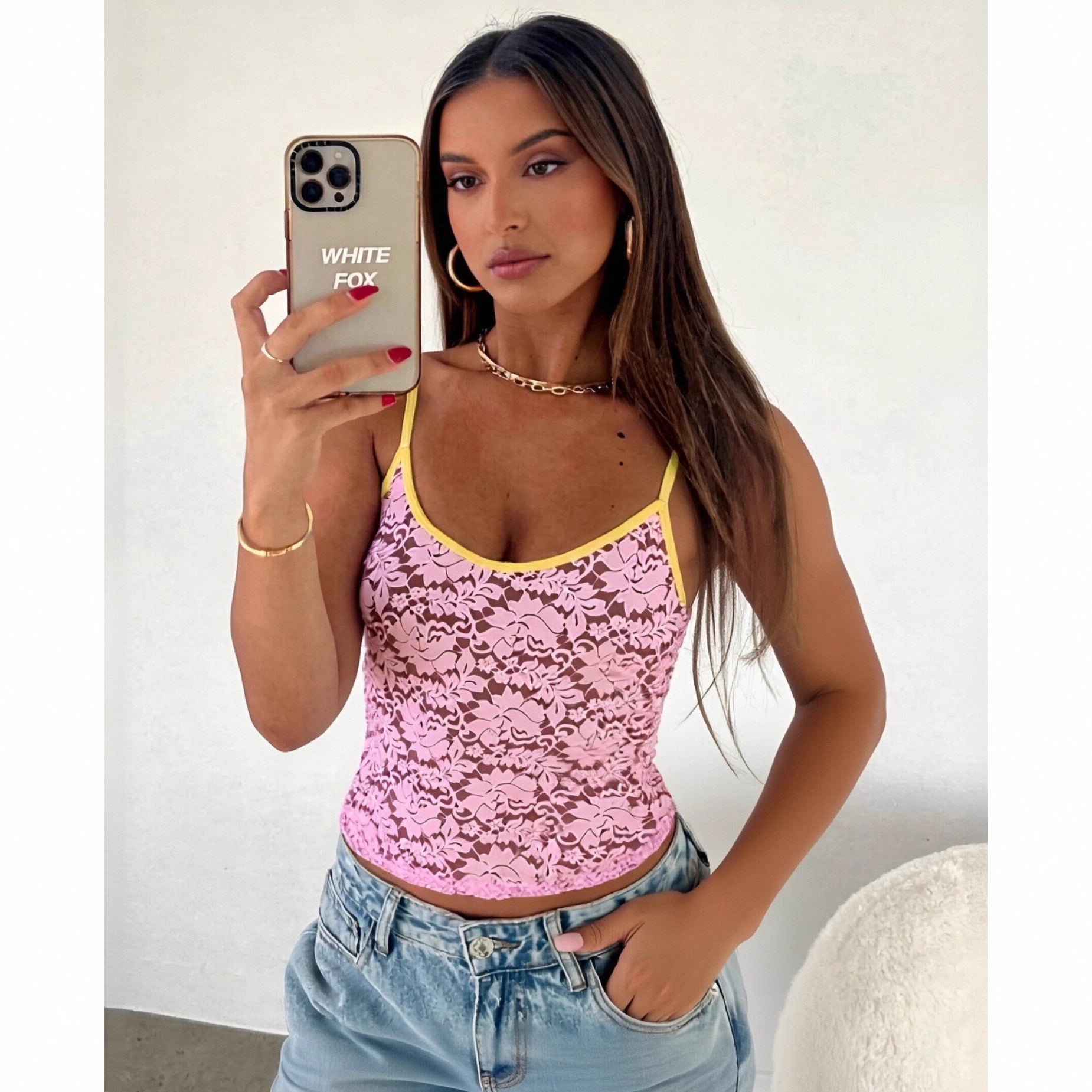 Damen Spitzen-Crop-Top mit kontrastierendem Saum R&B
