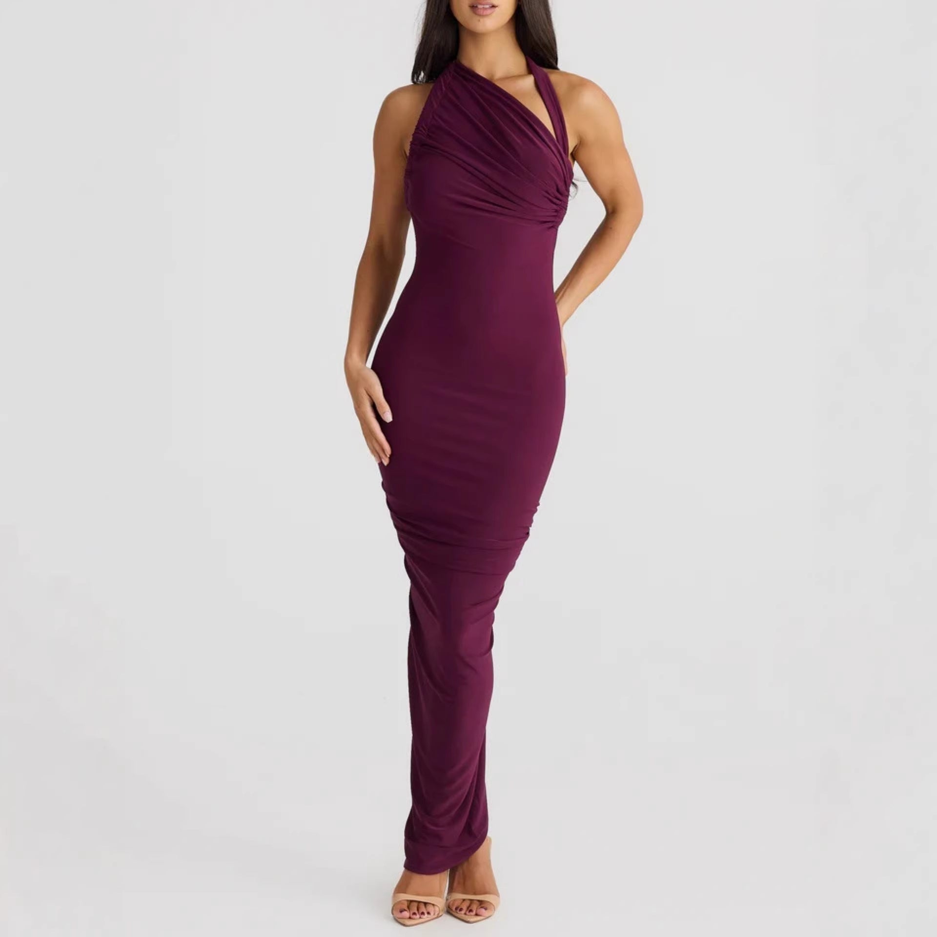 Damen Elegantes langes Wickelkleid mit schulterfreiem Design und gerafftem Oberteil R&B