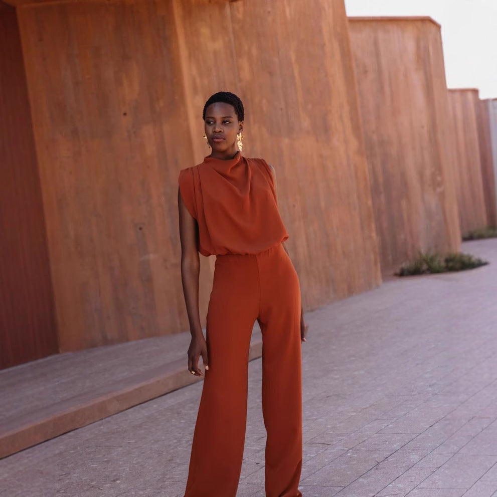 Damen Eleganter Jumpsuit mit hochgeschlossenem Kragen und weiten Beinen R&B