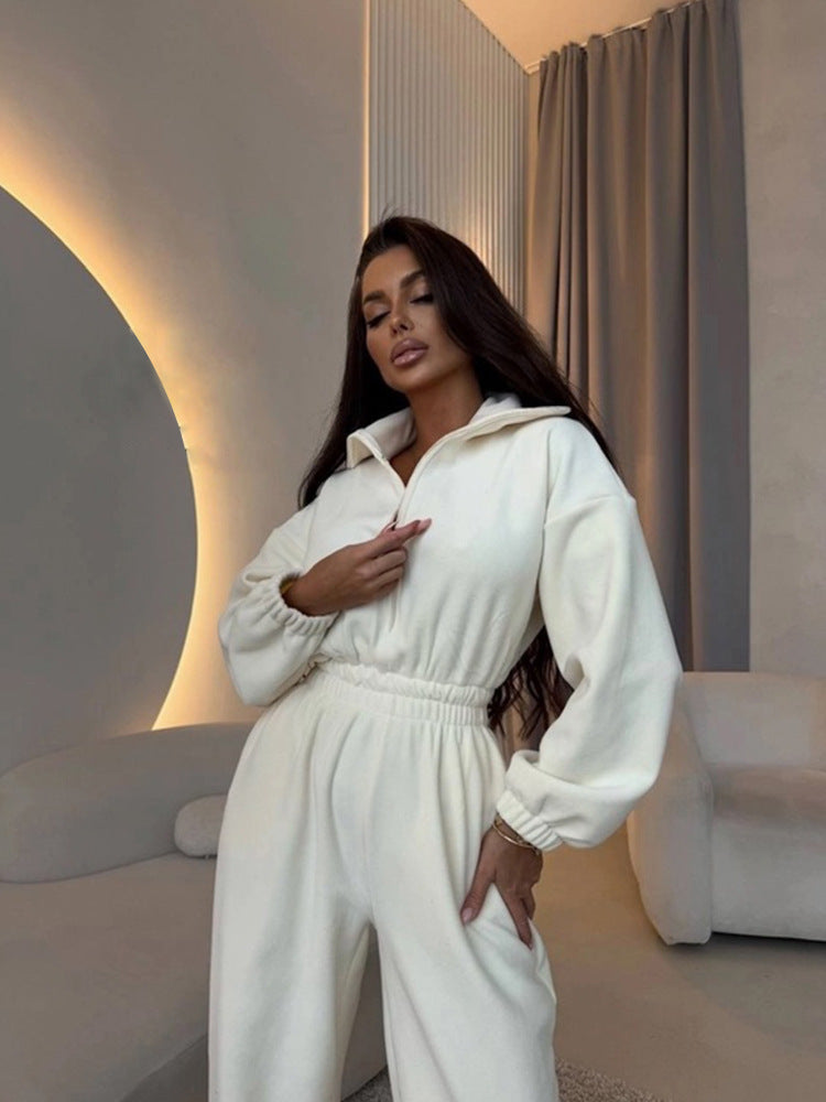 Damen lässiger Jumpsuit mit hohem Kragen und verstellbarem Bund R&B