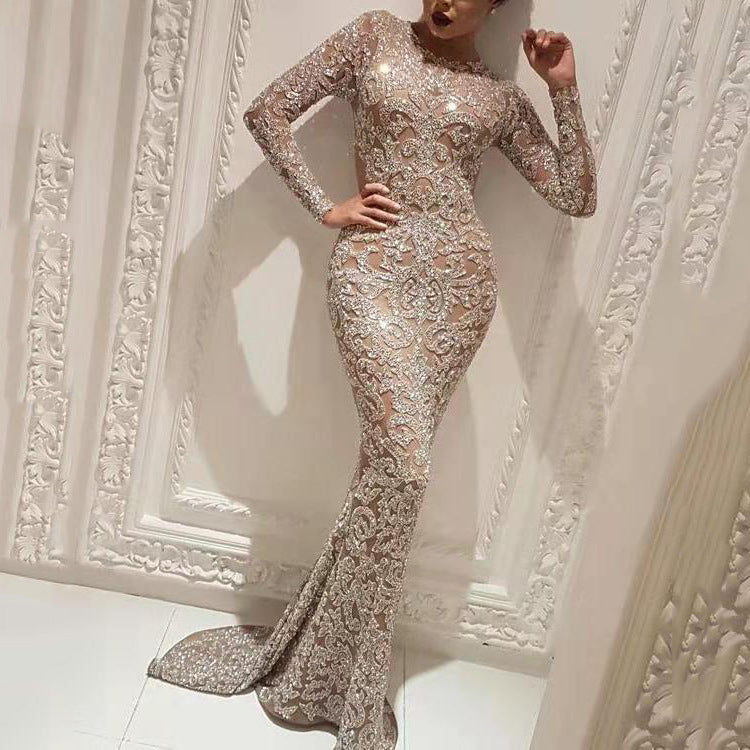 Damen Glamouröses Hochzeitskleid mit funkelnden Pailletten und langen Ärmeln R&B