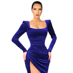 Damen elegantes Raffungskleid mit tiefem Schlitz und Puffärmeln R&B