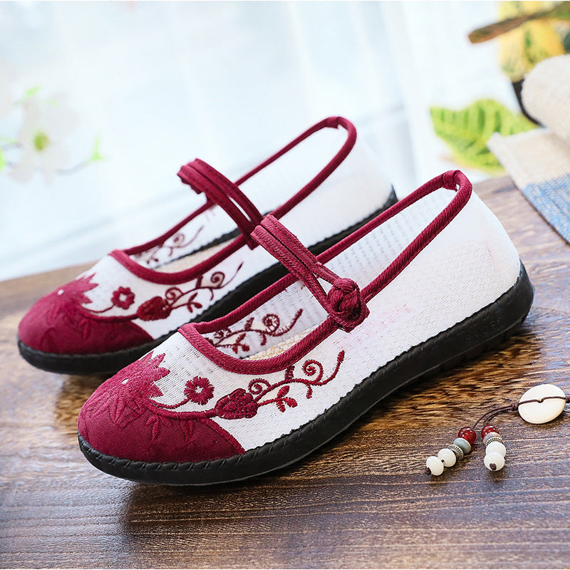 Damen Ballerinas mit handbesticktem Blumendesign und elastischem Riemen
