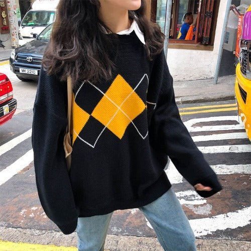 Damen Grobstrickpullover mit modernem Karomuster und lässigem Oversized-Schnitt R&B