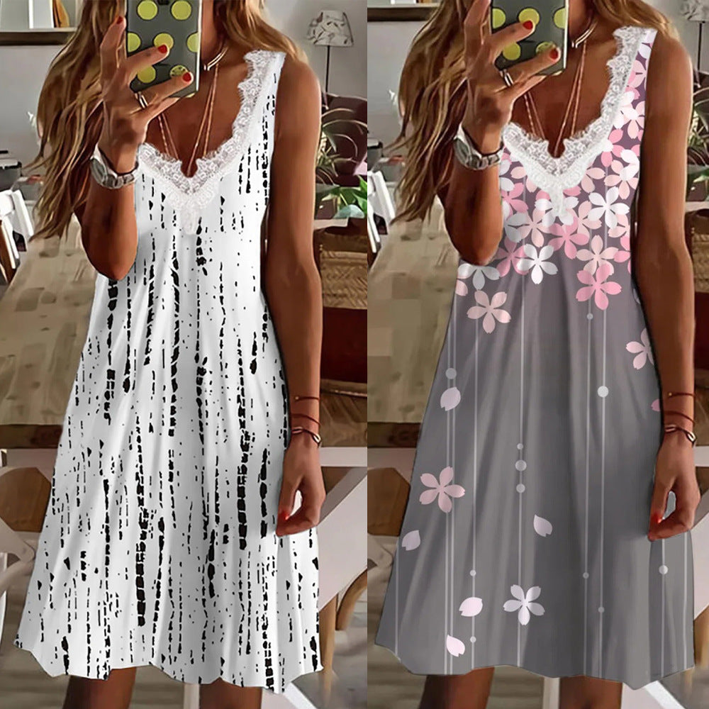 Damen Maxikleid mit Spitzenelementen und modernen Streifen R&B