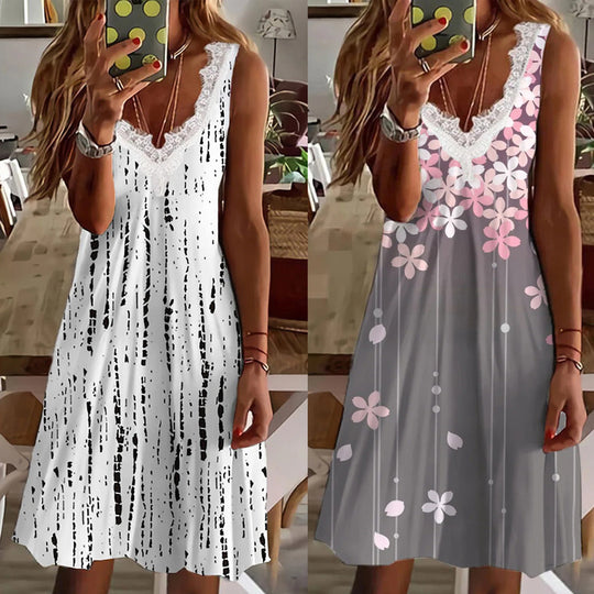 Damen Maxikleid mit Spitzenelementen und modernen Streifen R&B