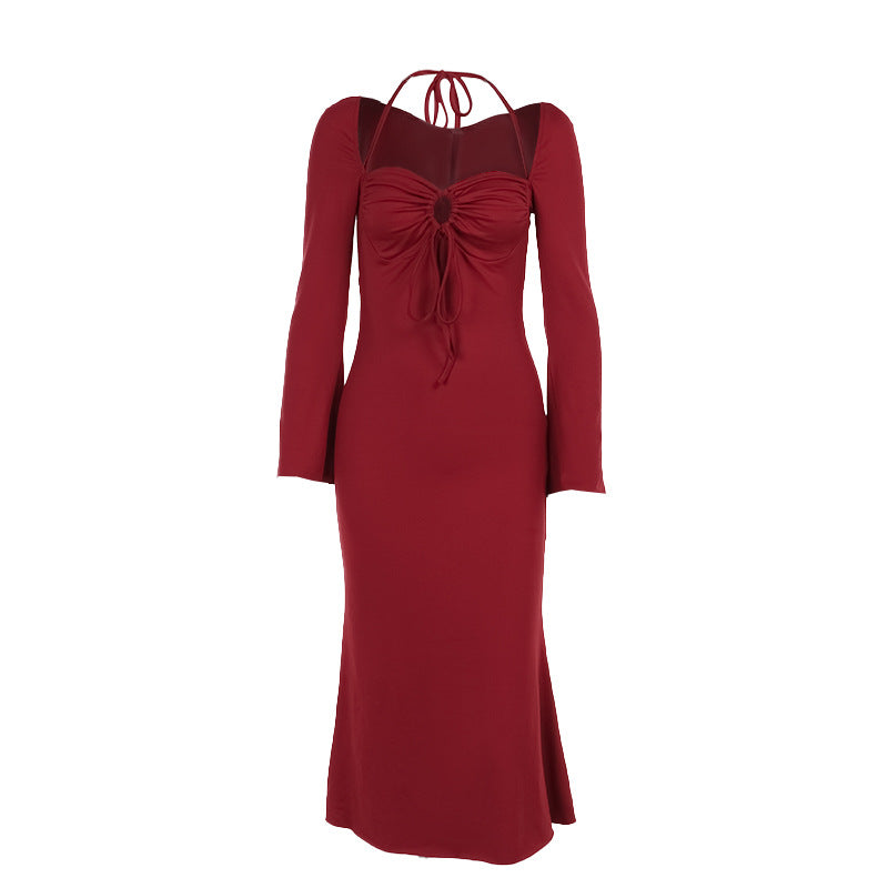 Damen Midi-Kleid mit schickem Rüschendesign und langem Arm R&B