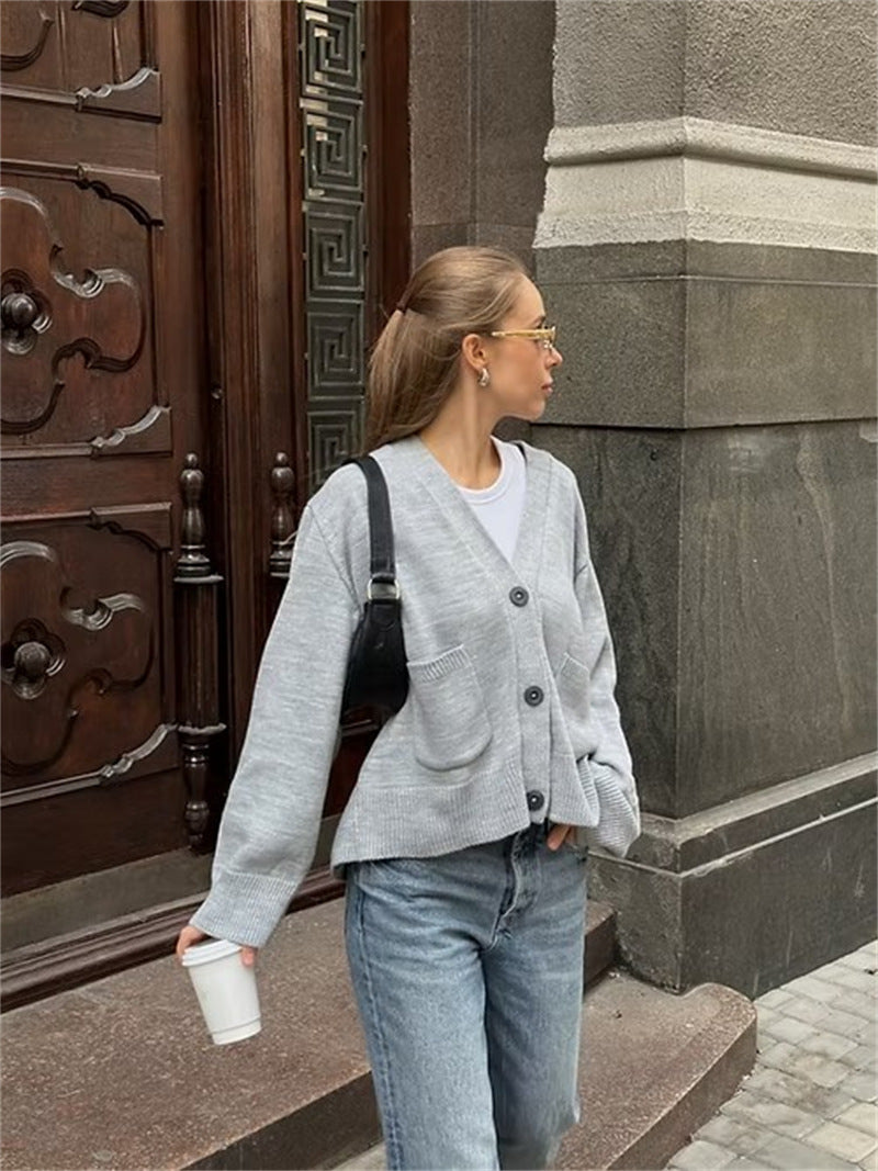 Damen lässiger Strickcardigan mit großen Taschen und Knopfverschluss R&B