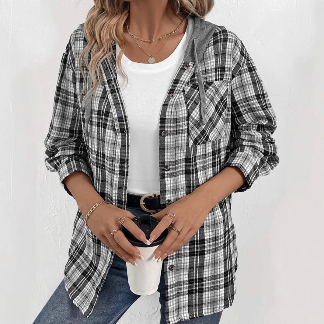 Damen lässige Flanellhemdjacke mit Kapuze und Karomuster R&B