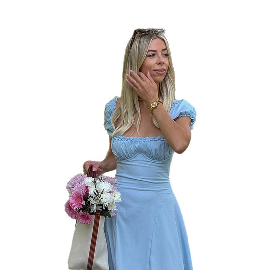 Damen Maxi-Kleid mit voluminösen Puffärmeln und elastischem Ausschnitt R&B