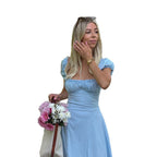 Damen Maxi-Kleid mit voluminösen Puffärmeln und elastischem Ausschnitt R&B