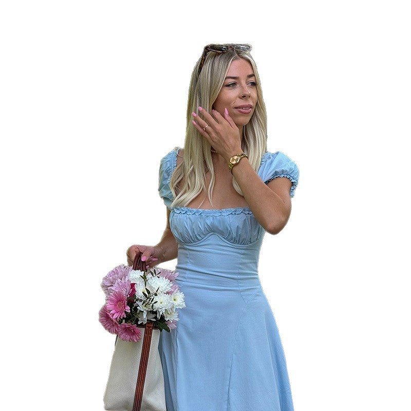 Damen Maxi-Kleid mit voluminösen Puffärmeln und elastischem Ausschnitt R&B