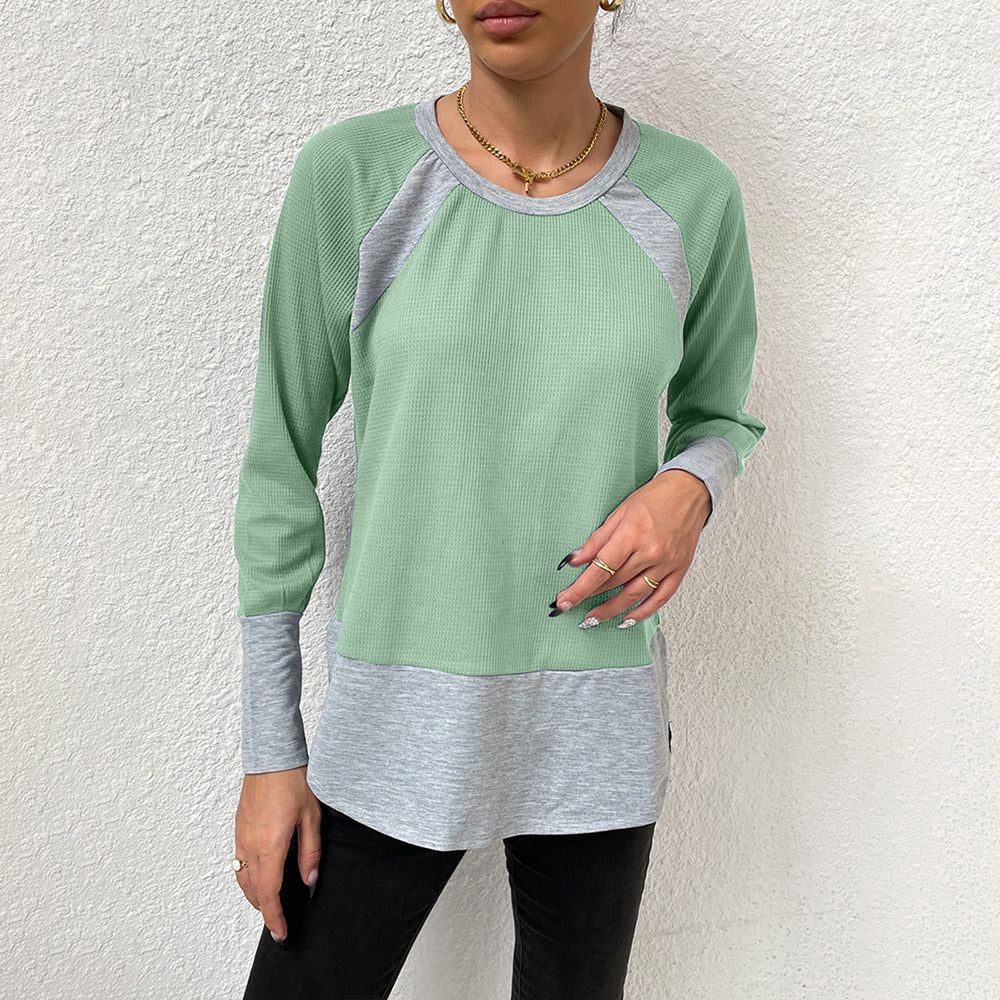 Damen lässiges Langarmshirt mit Waffle-Struktur und Kontrastärmeln R&B