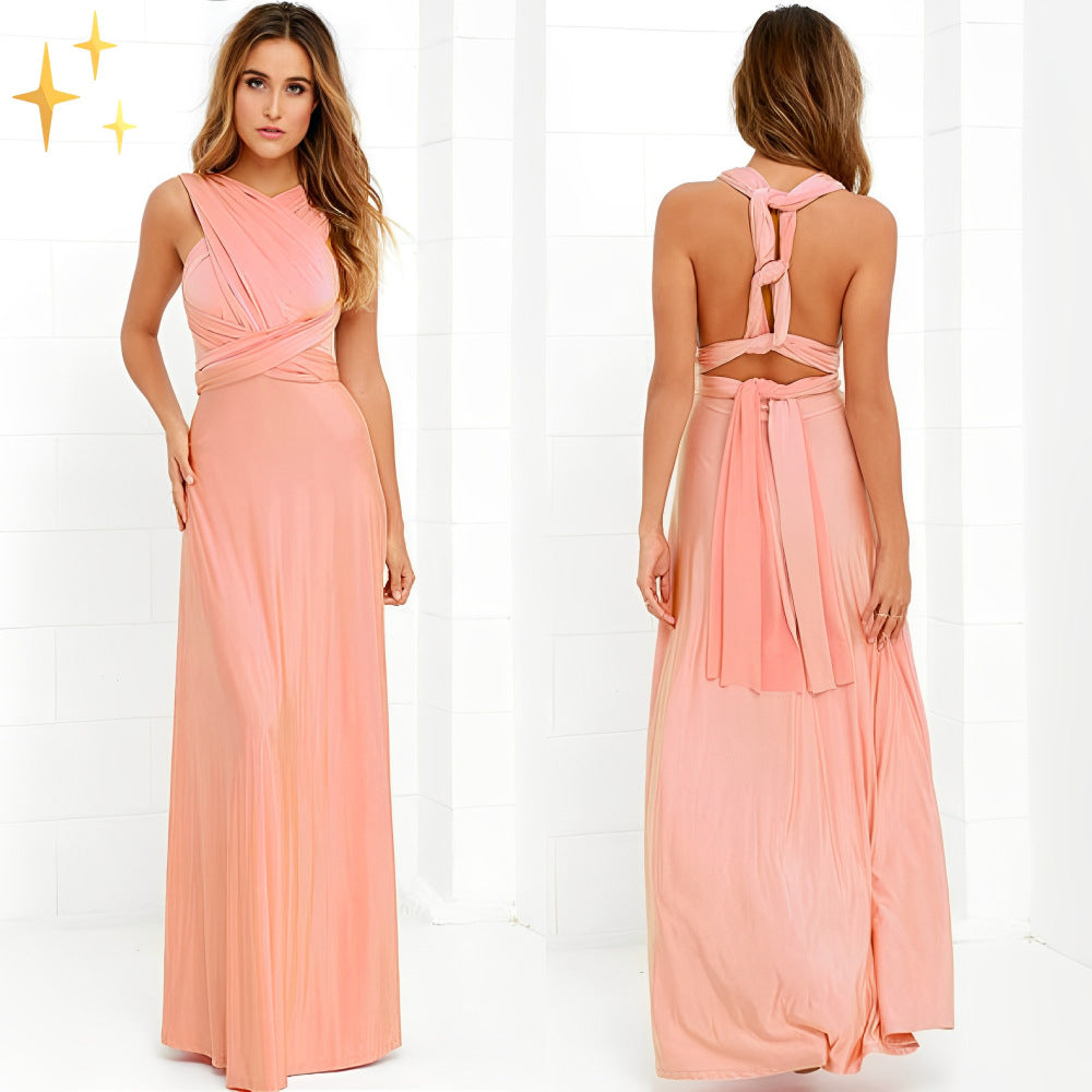Damen elegantes Rundhals-Maxikleid mit variablen Trägeroptionen und fließendem Schnitt R&B