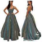 R&B | Damen Spaghettiträger V-Ausschnitt A-Linie Glitzer Maxikleid