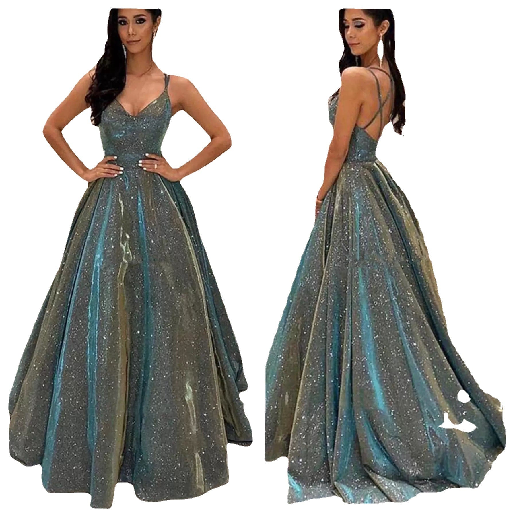 R&B | Damen Spaghettiträger V-Ausschnitt A-Linie Glitzer Maxikleid