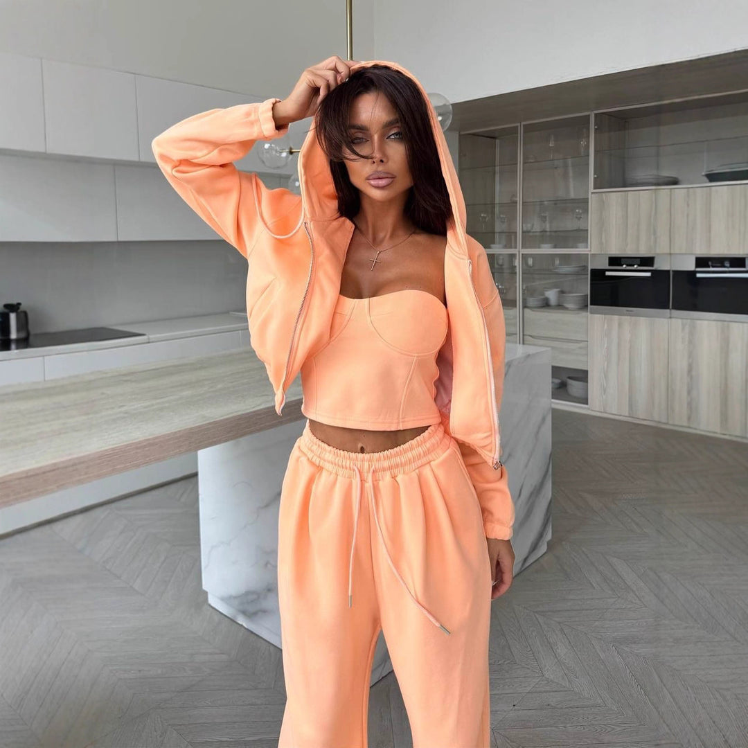 Damen Lässiges Hoodie-Set mit figurbetontem Top und weiter Jogginghose R&B