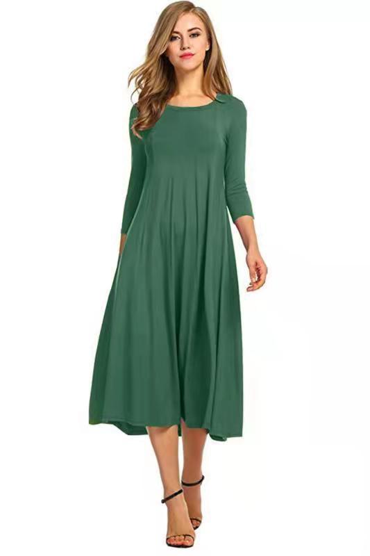 R&B | Quadrat-Ausschnitt 3/4-Lange Uni-Farbe Midi-Kleid