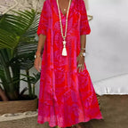 Damen elegantes Maxikleid mit floralen Motiven und V-Ausschnitt R&B