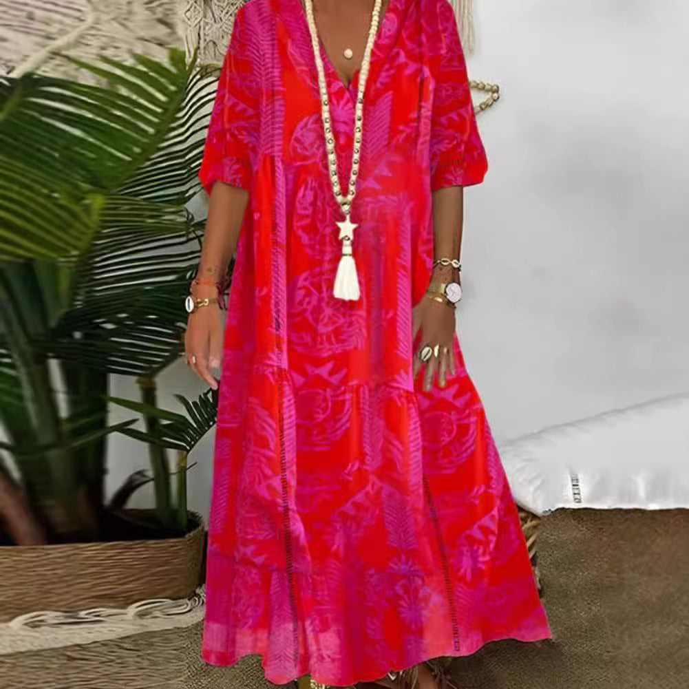 Damen elegantes Maxikleid mit floralen Motiven und V-Ausschnitt R&B