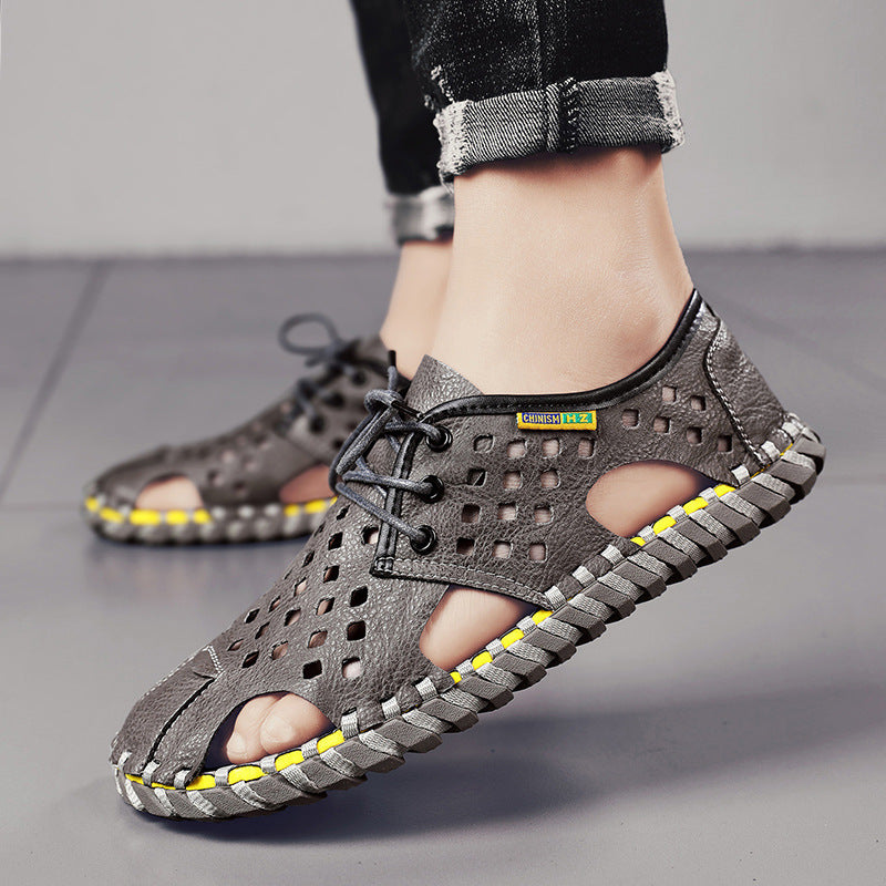 Herren Atmungsaktive Leder-Sandalen mit perforiertem Design und rutschfester Sohle R&B