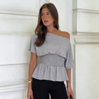 Damen asymmetrisches Oberteil mit großzügigem Rüschensaum und Gummizug R&B