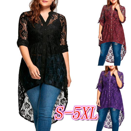 Damen Elegantes Longblusenshirt mit floralen Spitzeneinsätzen und asymmetrischem Saum R&B