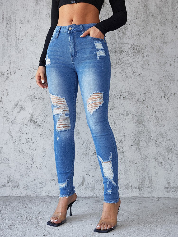 Damen Skinny Jeans mit modischen Ripped-Details und hohem Bund R&B