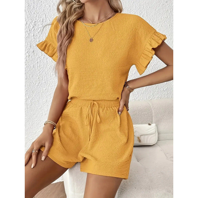Damen lässiger Shortsanzug mit Rüschendetails und elastischem Taillenzug R&B