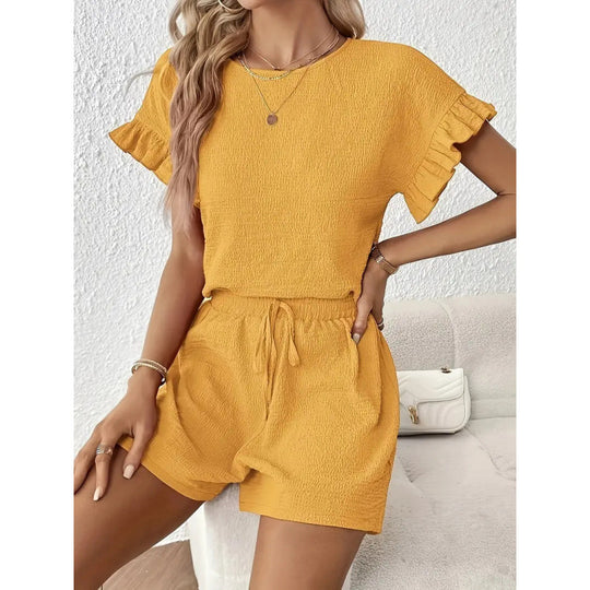 Damen lässiger Shortsanzug mit Rüschendetails und elastischem Taillenzug R&B