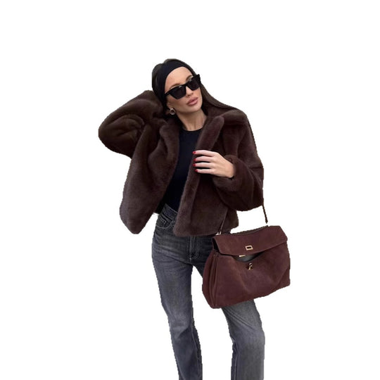 Damen stilvolle Kunstfelljacke mit modischem Revers R&B