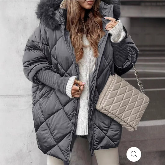 Damen Oversized Steppjacke mit abnehmbarem Kunstfellkragen R&B