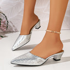 Damen elegante Mules mit gewobener Oberfläche und geschmeidigem Blockabsatz R&B
