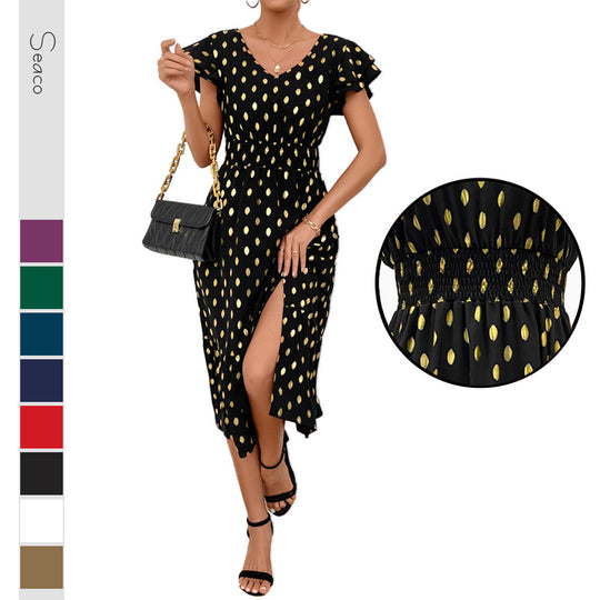 Damen Maxikleid mit Rüschendetails und schimmerndem Punktmuster R&B