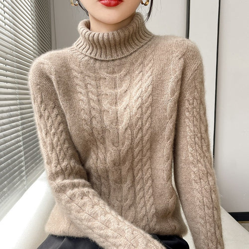 Damen Grobstrickpullover mit hohem Kragen und strukturiertem Zopfmuster R&B