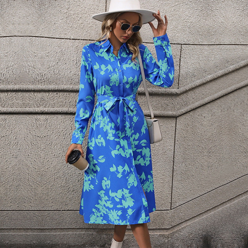 Damen langärmliges Maxikleid mit floralen Mustern und elegantem Gürtel