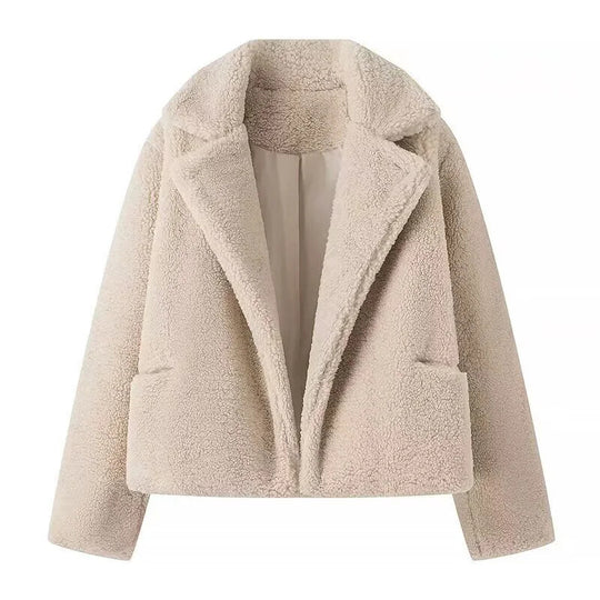 Damen kuschelige Plüschjacke mit klassischem Revers und praktischen Taschen R&B