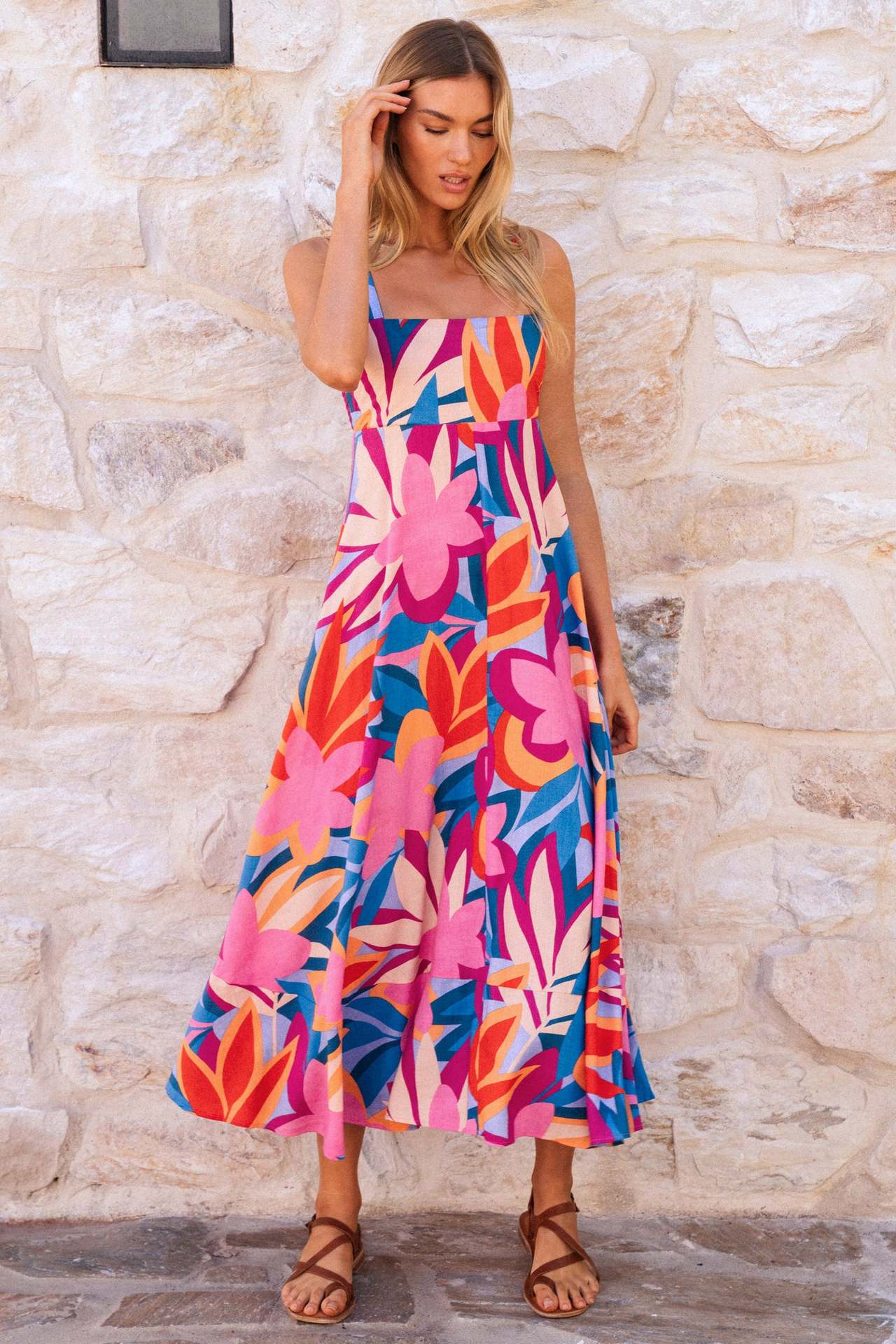 Damen Maxikleid mit Blumenmuster und verstellbaren Spaghettiträgern R&B