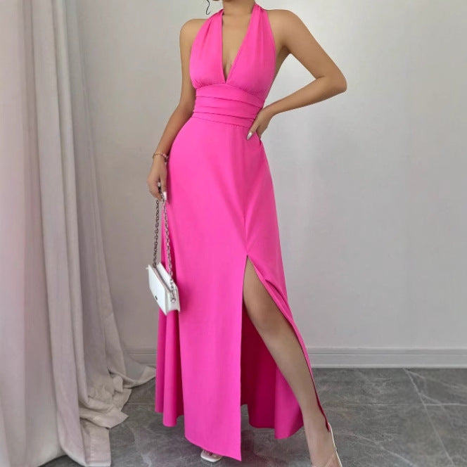 Damen schulterfreies Maxikleid mit verführerischem V-Ausschnitt und hochgeschlitztem Rock R&B