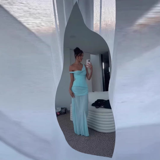 Damen elegantes Maxikleid mit Raffungen und asymmetrischem Ausschnitt R&B