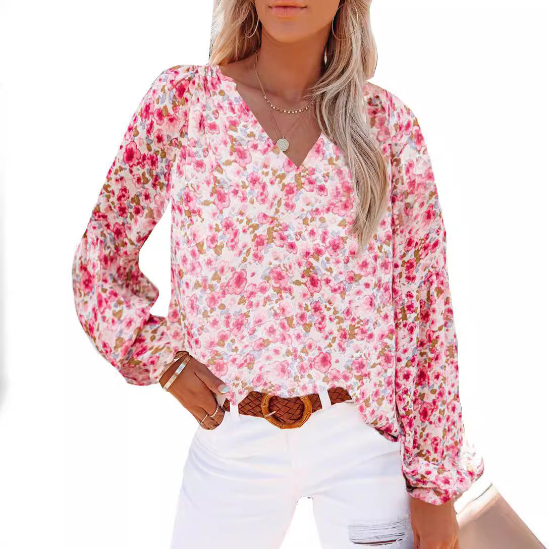 Damen Bluse mit floralen Mustern und V-Ausschnitt R&B
