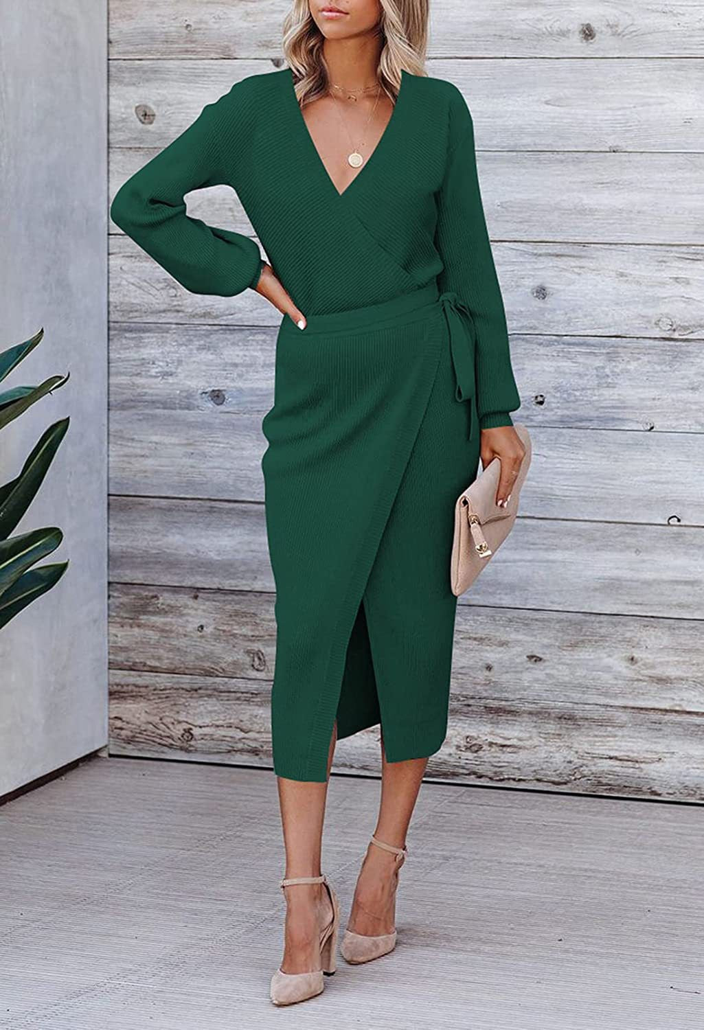 Damen Elegantes Wickelkleid mit tiefem V-Ausschnitt R&B